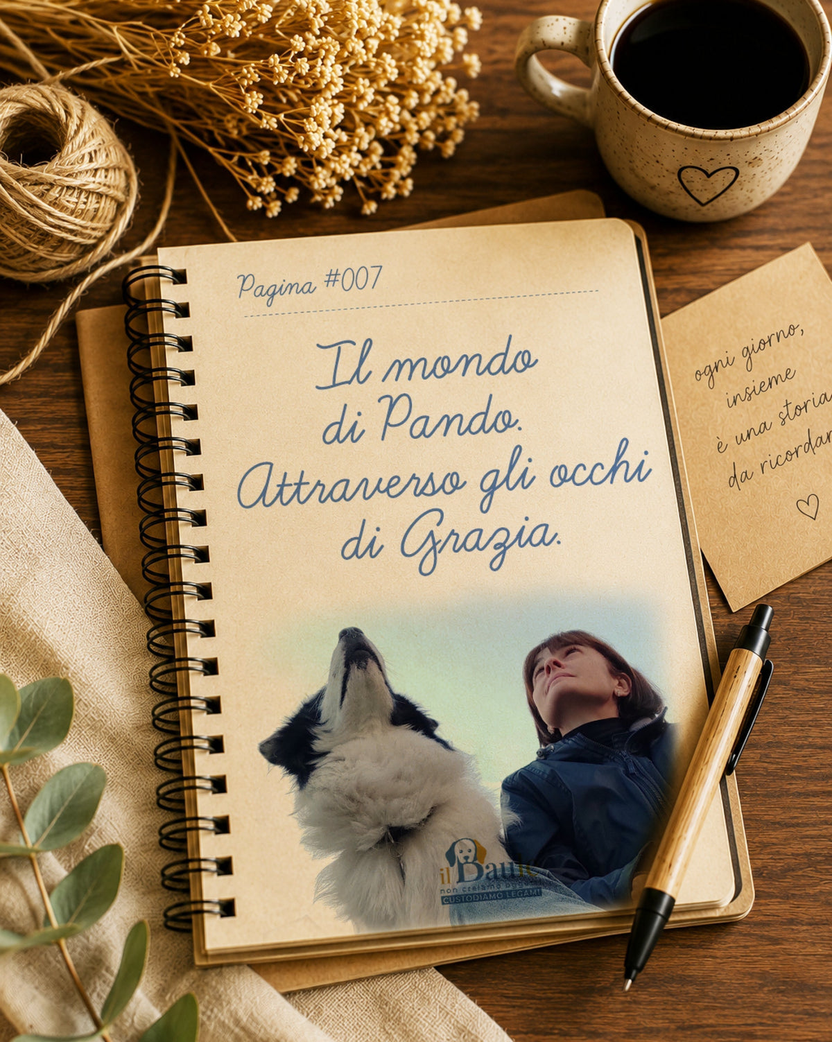 Pagina di diario con scritta a mano: Il mondo di Pando. Attraverso gli occhi di Grazia. con foto di Pando e Grazia l'uno accanto all'altro